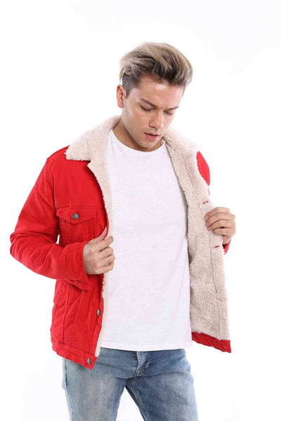 Red Denim Jacket With White Lining