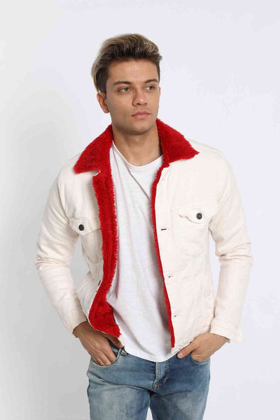 White Denim Jacket With Red Lining