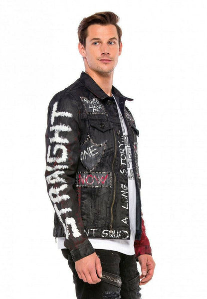 Black Denim Jacket with a Red Sleeve
