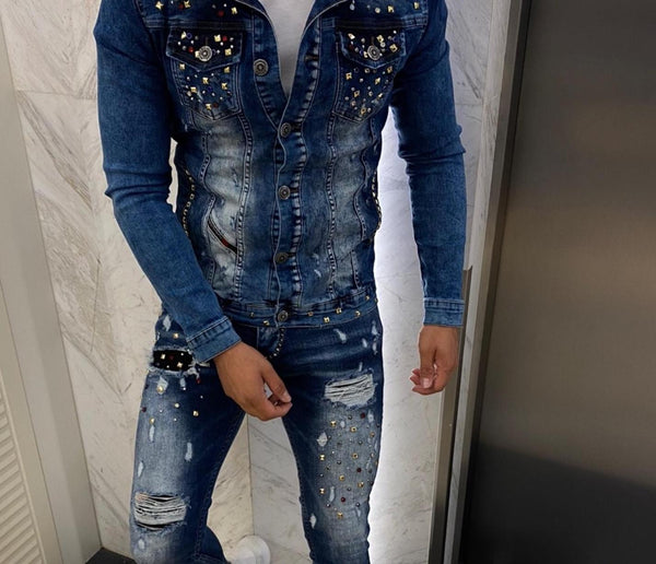 Denim Set With Rips And Studs