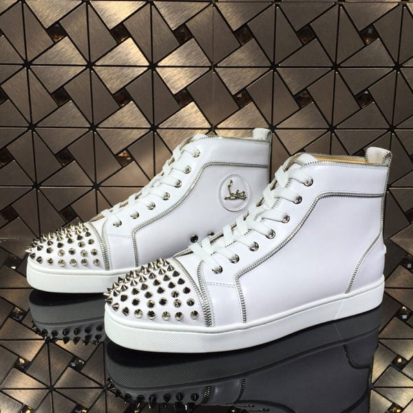 Silver-White Leather Spike High-top Sneakers