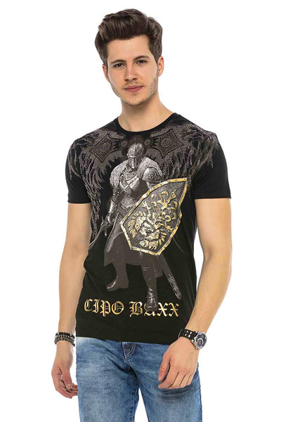 Schwarzes T-Shirt mit Ritter-Print  