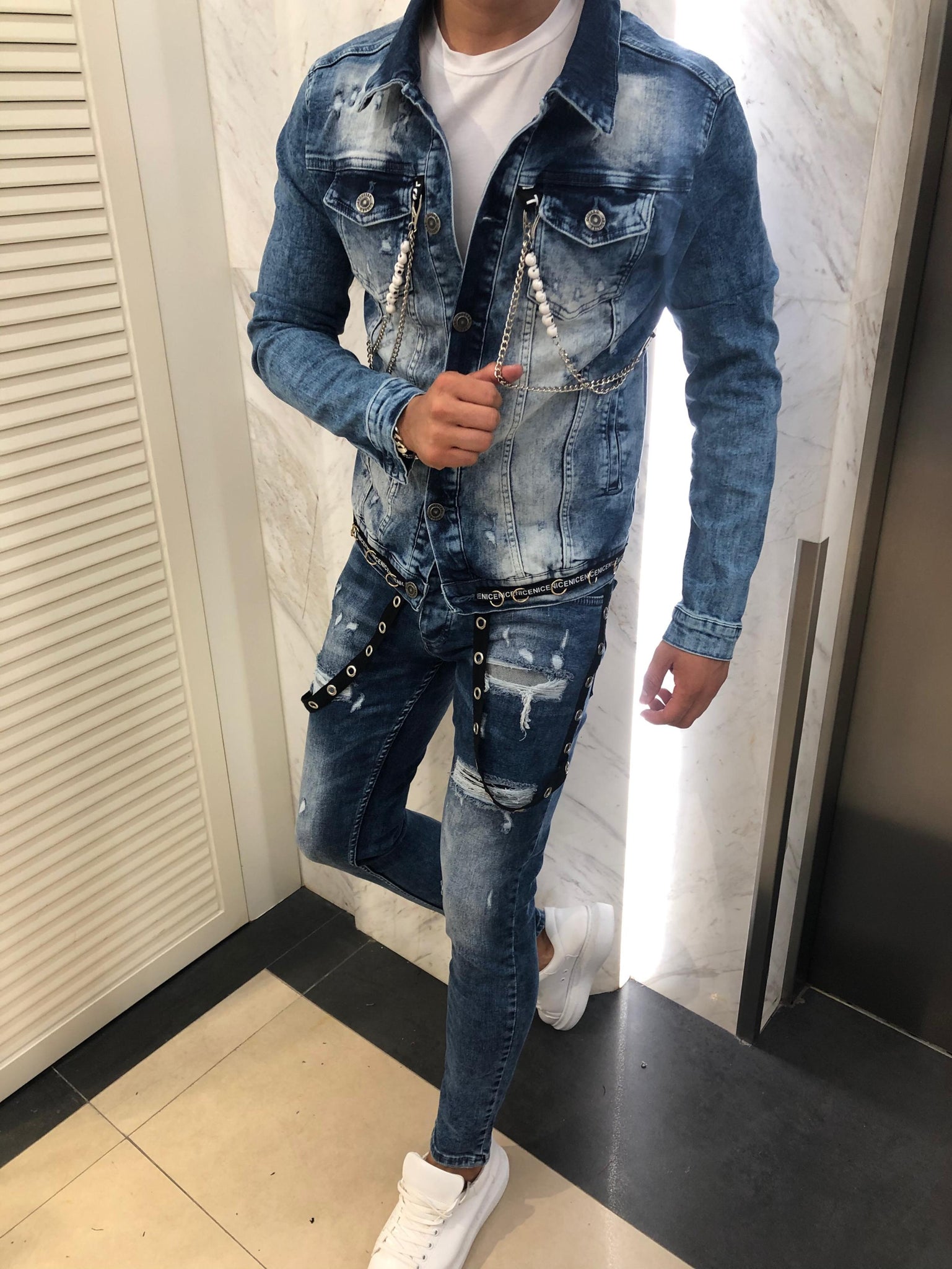 Ripped Denim Set with Accessories