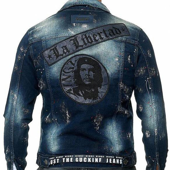 Blaue Jeansjacke mit Che Guevara Print 