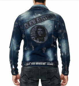 Blaue Jeansjacke mit Che Guevara Print 