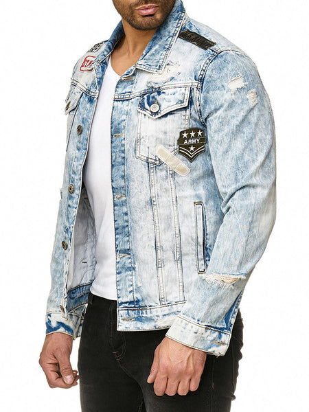 Light Blue Ripped Denim Jacket With Buttons