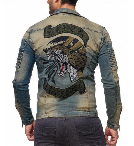 Blue Zipper Denim Jacket With Print On The Back