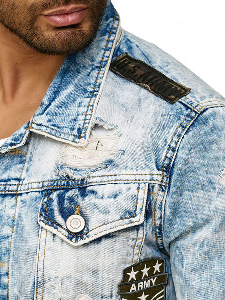Light Blue Ripped Denim Jacket With Buttons